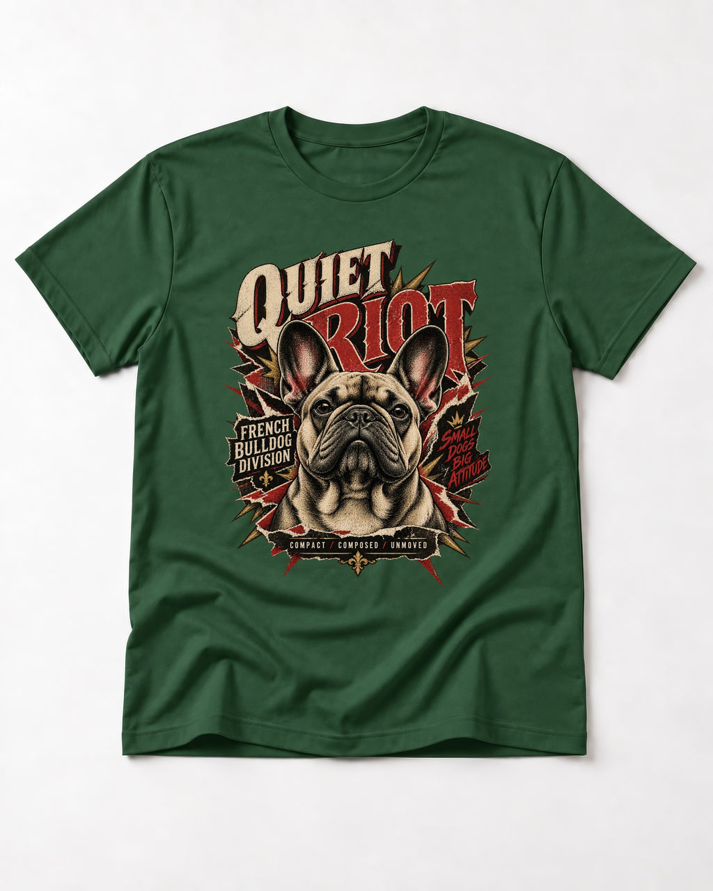Frenchie Quiet Riot Division Emblem T-Shirt in Forest Green, flat lay product photo