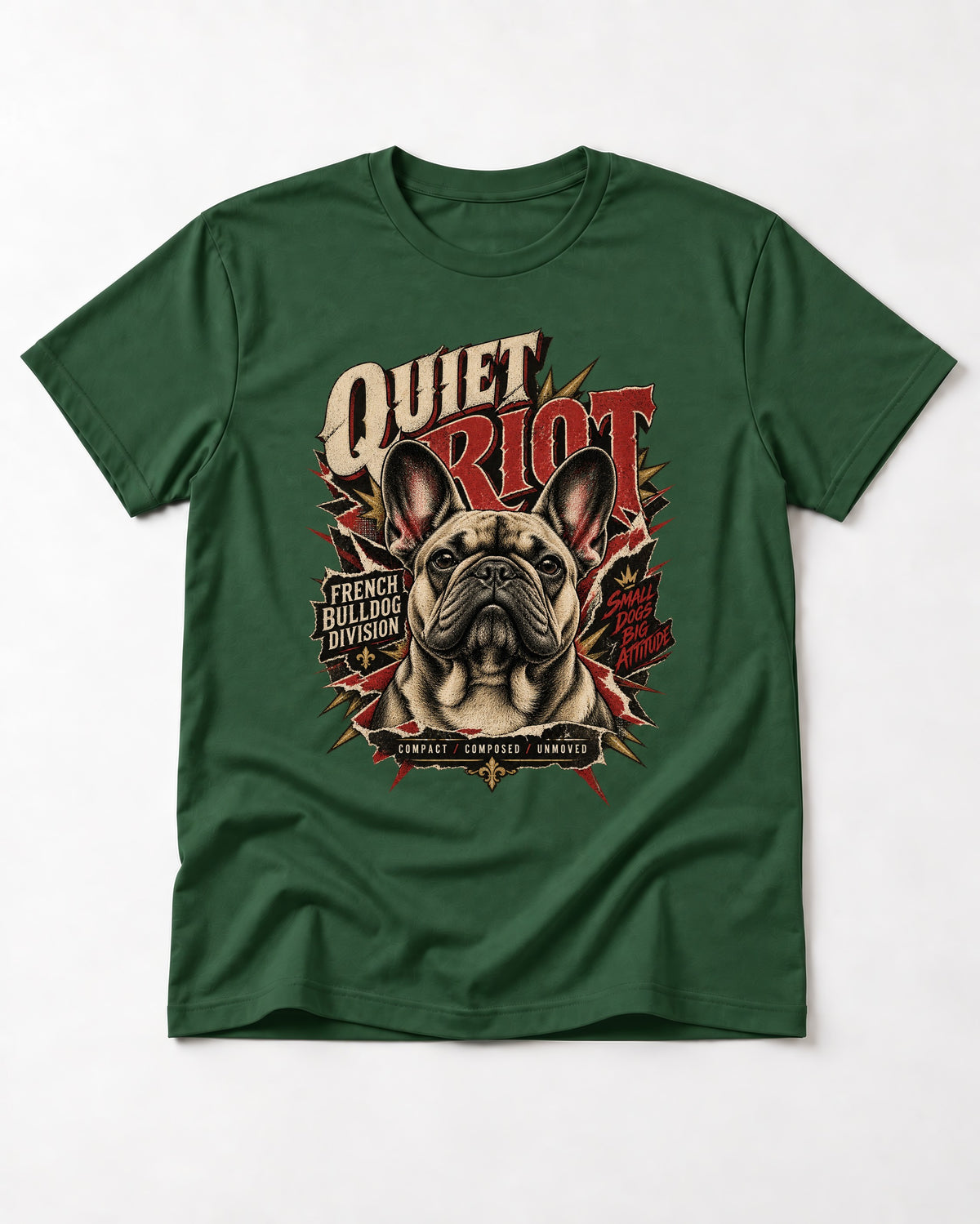Frenchie Quiet Riot Division Emblem T-Shirt in Forest Green, flat lay product photo