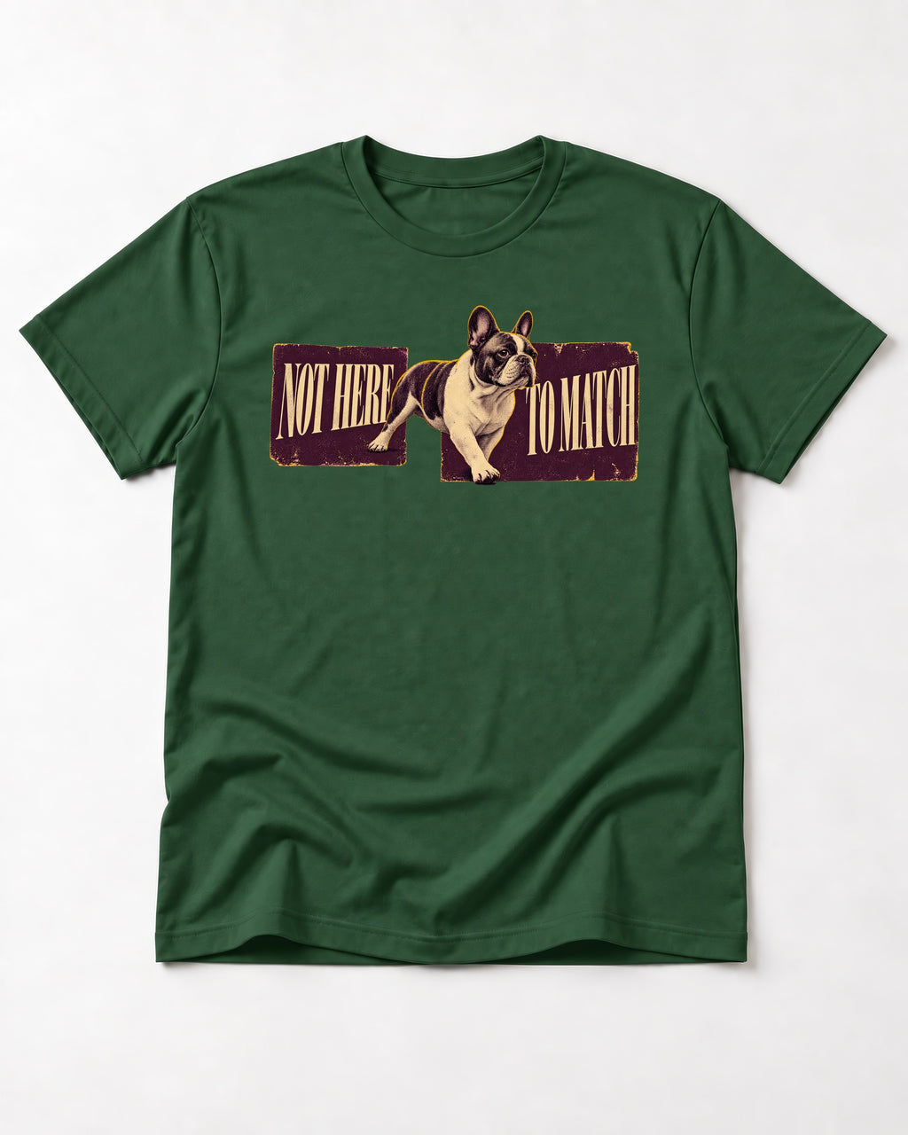 Frenchie Not Here to Watch Panels Graphic T-Shirt in Forest Green, flat lay product photo