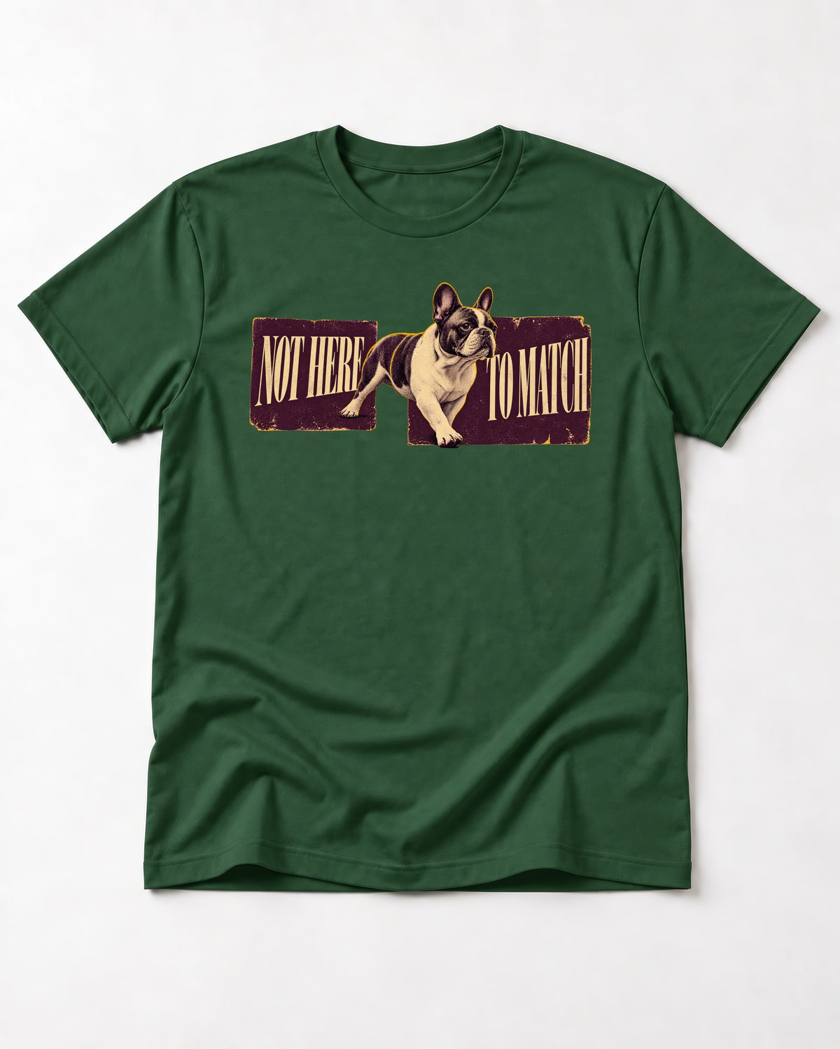 Frenchie Not Here to Watch Panels Graphic T-Shirt in Forest Green, flat lay product photo