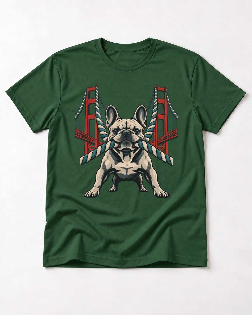 Frenchie Tug Anchor Bridge Graphic T-Shirt in Forest Green, flat lay product photo