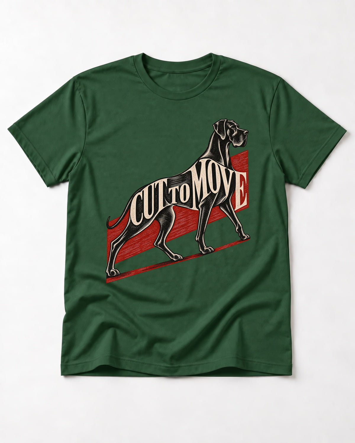 Great Dane Cut to Move Walking Typography Graphic T-Shirt in Forest Green, flat lay product photo