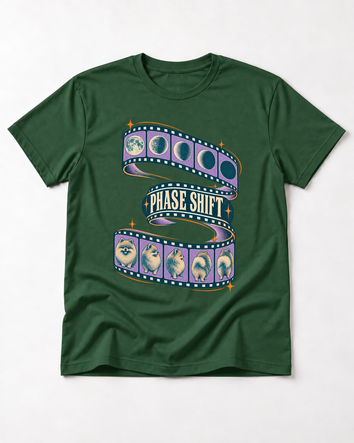 Pomeranian Phase Shift Filmstrip Graphic T-Shirt in Forest Green, flat lay product photo