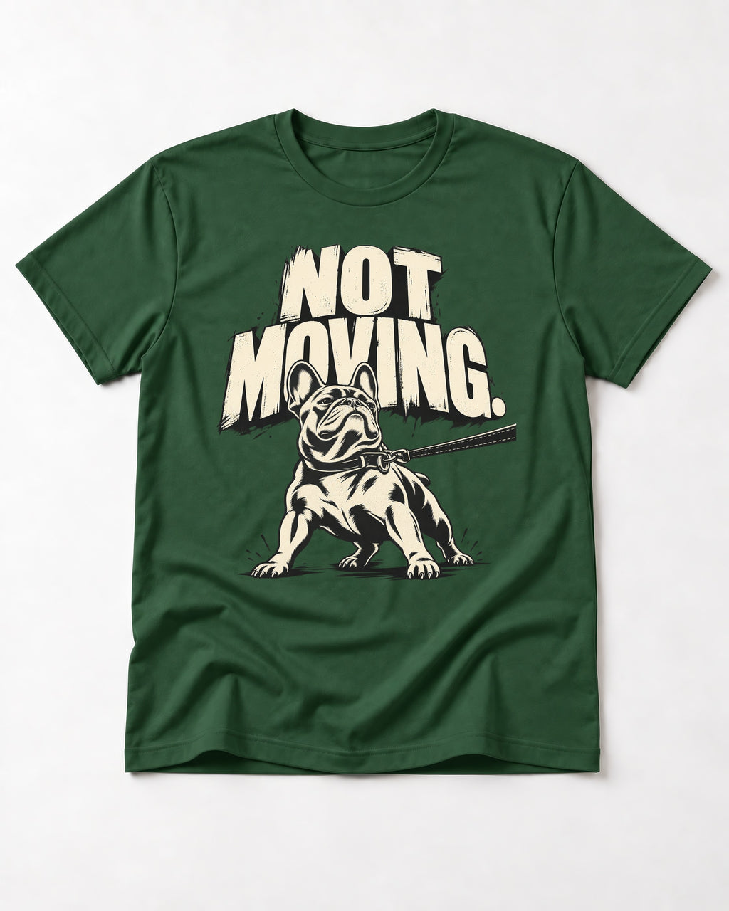 Frenchie Not Moving Taut Leash Poster T-Shirt in Forest Green, flat lay product photo