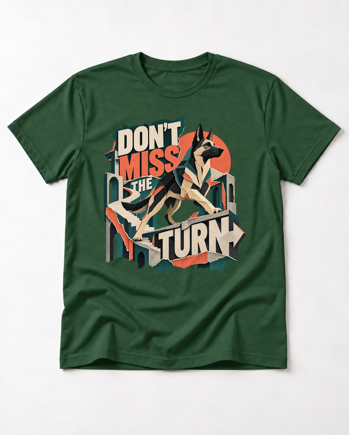 Dont Miss The Turn Escher Staircase German Shepherd Dog Graphic T-Shirt in Forest Green, flat lay product photo