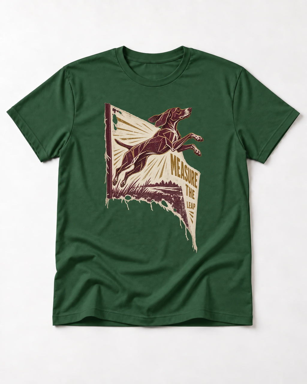 German Shorthaired Pointer Measure the Leap Torn Banner Graphic T-Shirt in Forest Green, flat lay product photo