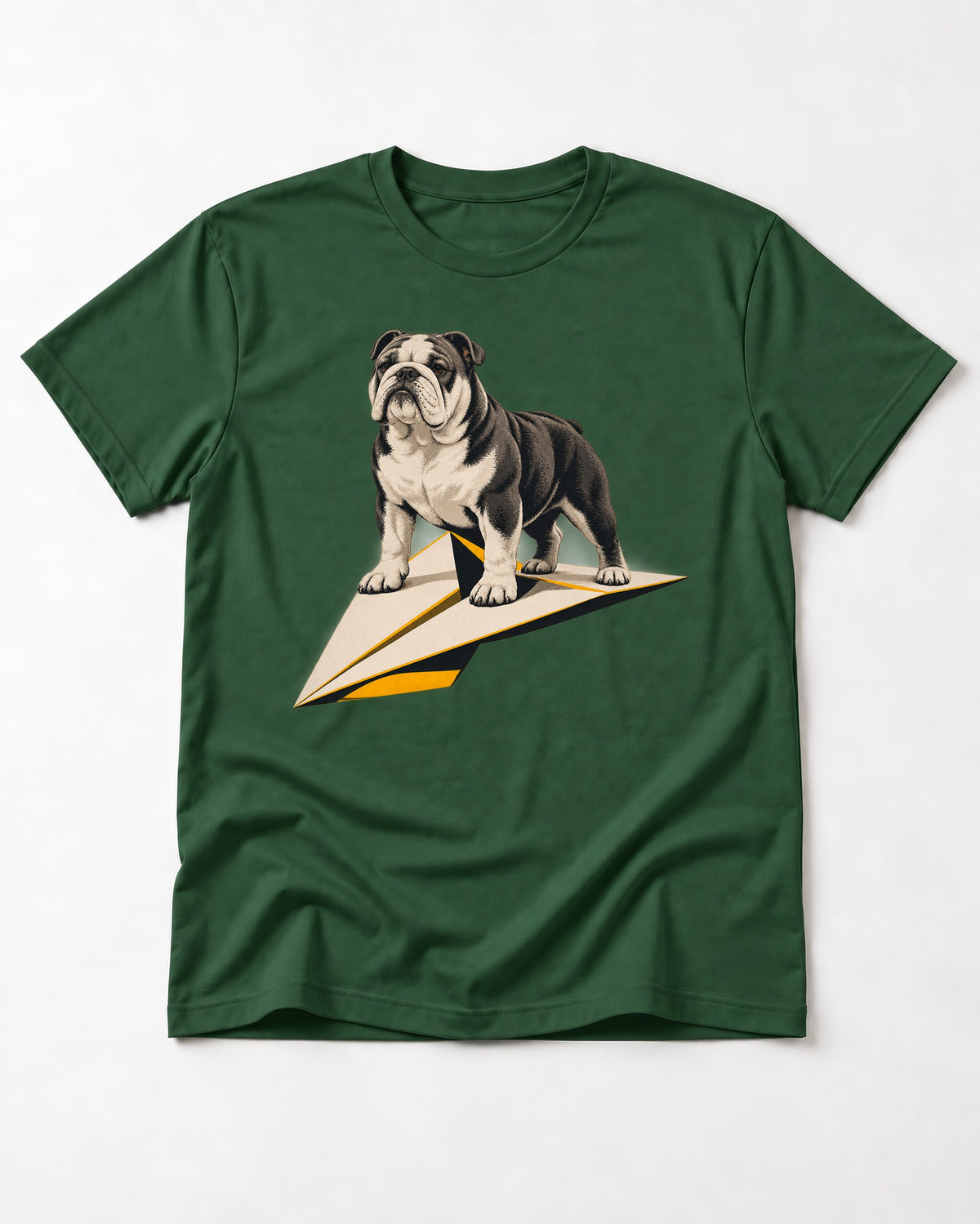 English Bulldog Paper Airplane Graphic T-Shirt in Forest Green, flat lay product photo