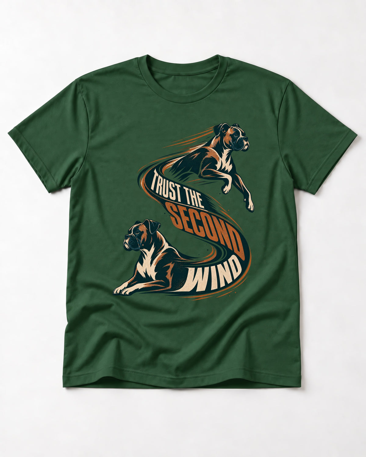 Trust the Second Wind Boxer Motion Graphic T-Shirt in Forest Green, flat lay product photo