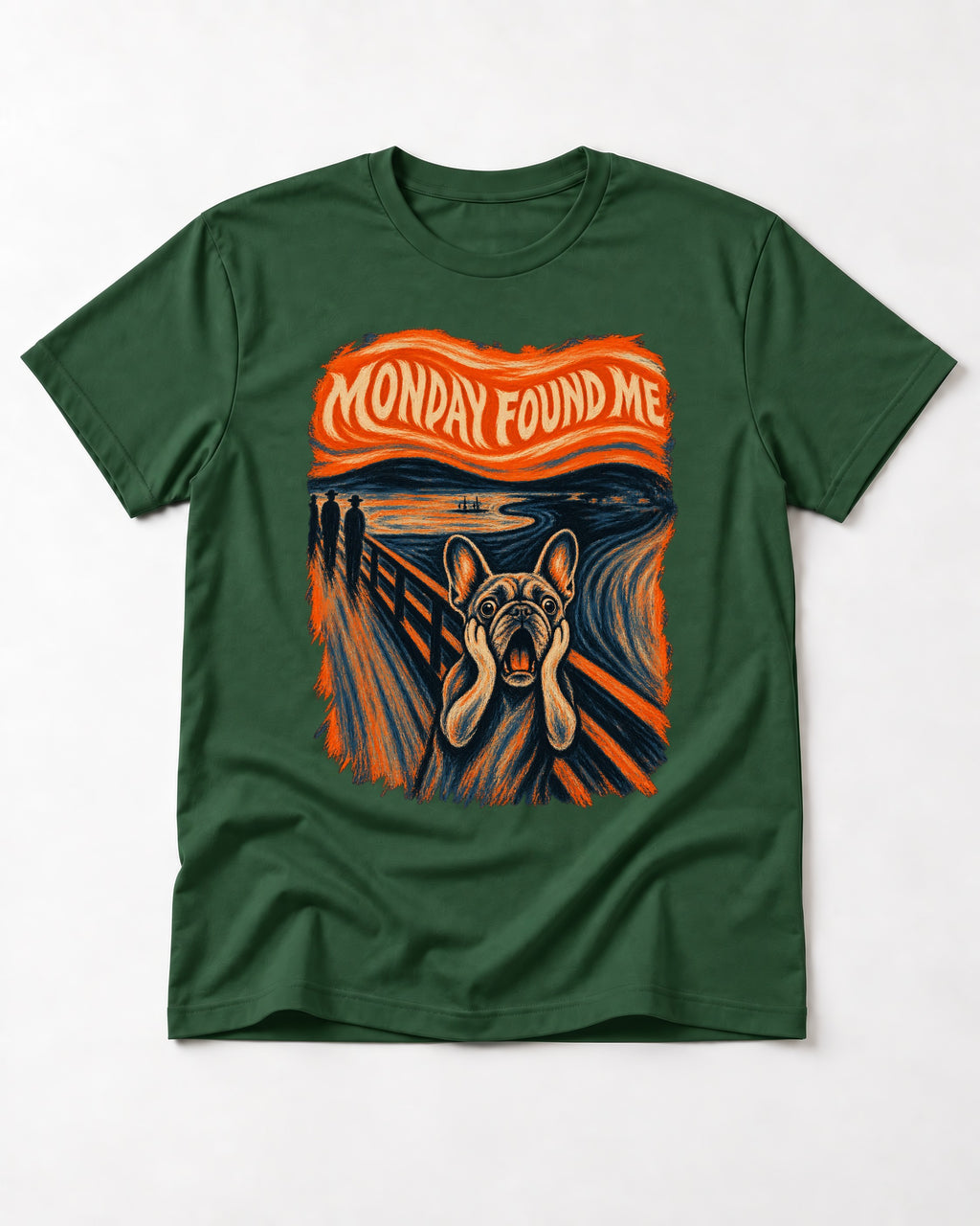 Frenchie Monday Found Me Scream Graphic 194 T-Shirt in Forest Green, flat lay product photo