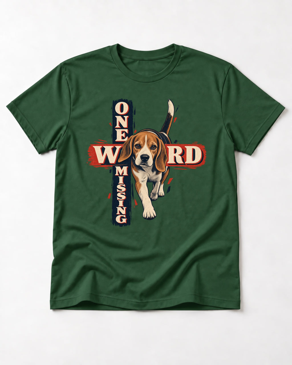 Beagle One Word Missing T-Shirt in Forest Green, flat lay product photo