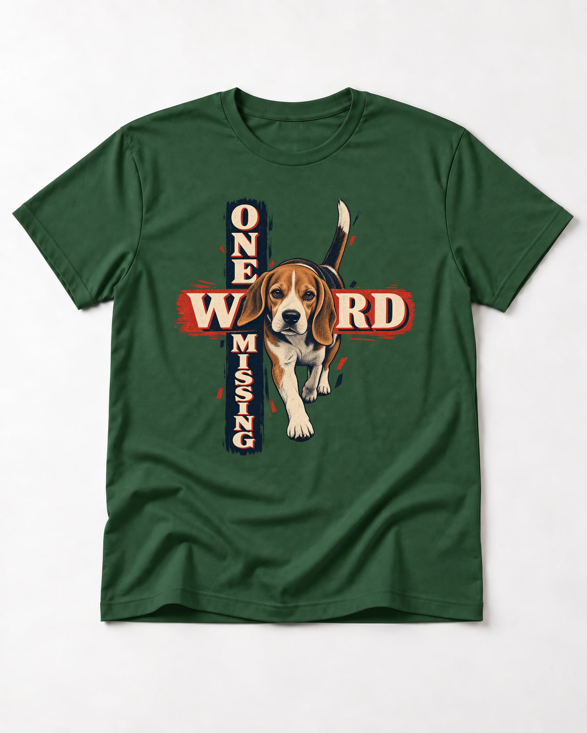 Beagle One Word Missing T-Shirt in Forest Green, flat lay product photo