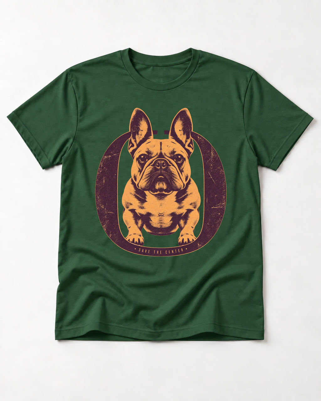 Frenchie Save the Center Oval Portrait Graphic T-Shirt in Forest Green, flat lay product photo