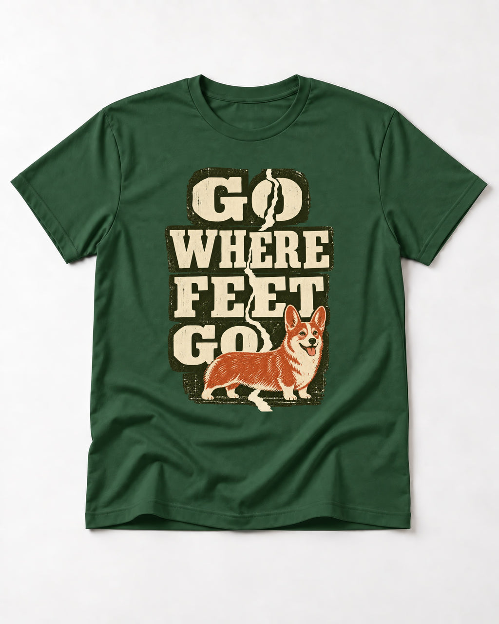 Corgi Go Where Feet Go Path T-Shirt in Forest Green, flat lay product photo