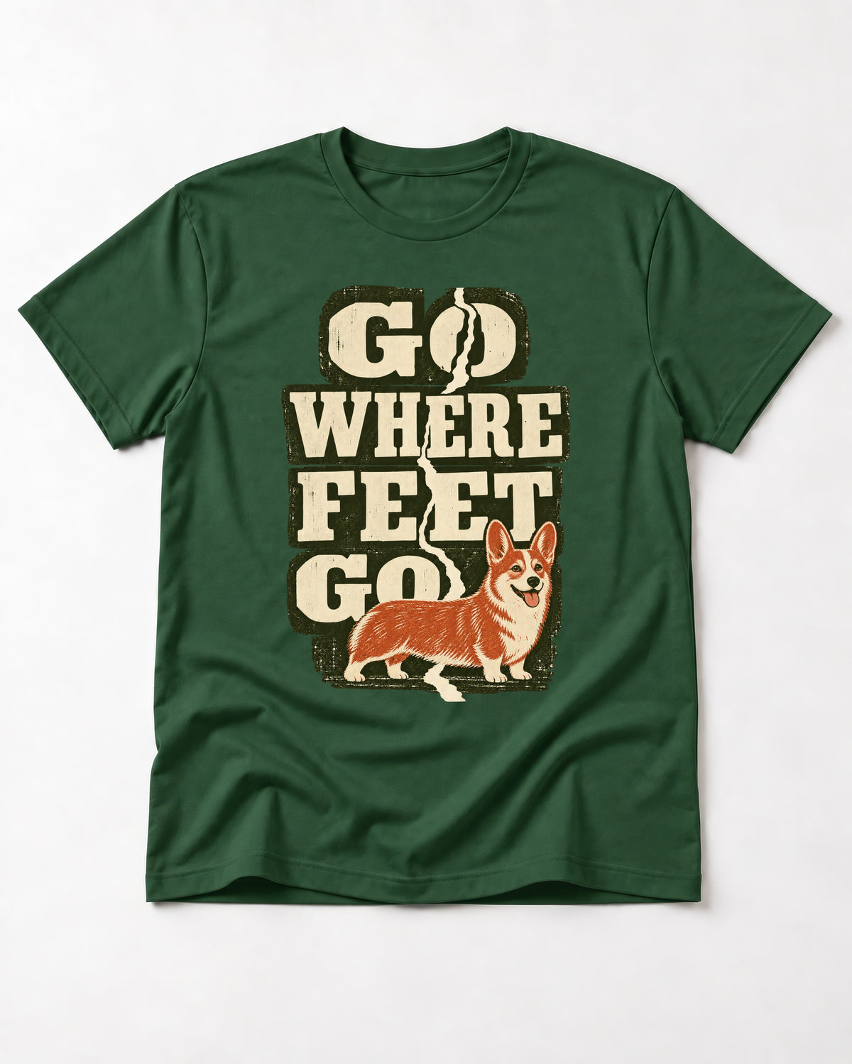 Corgi Go Where Feet Go Path T-Shirt in Forest Green, flat lay product photo