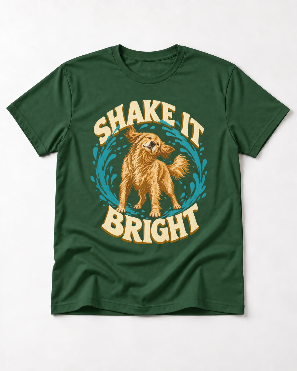 Golden Retriever Shake It Bright Water Ring Graphic T-Shirt in Forest Green, flat lay product photo