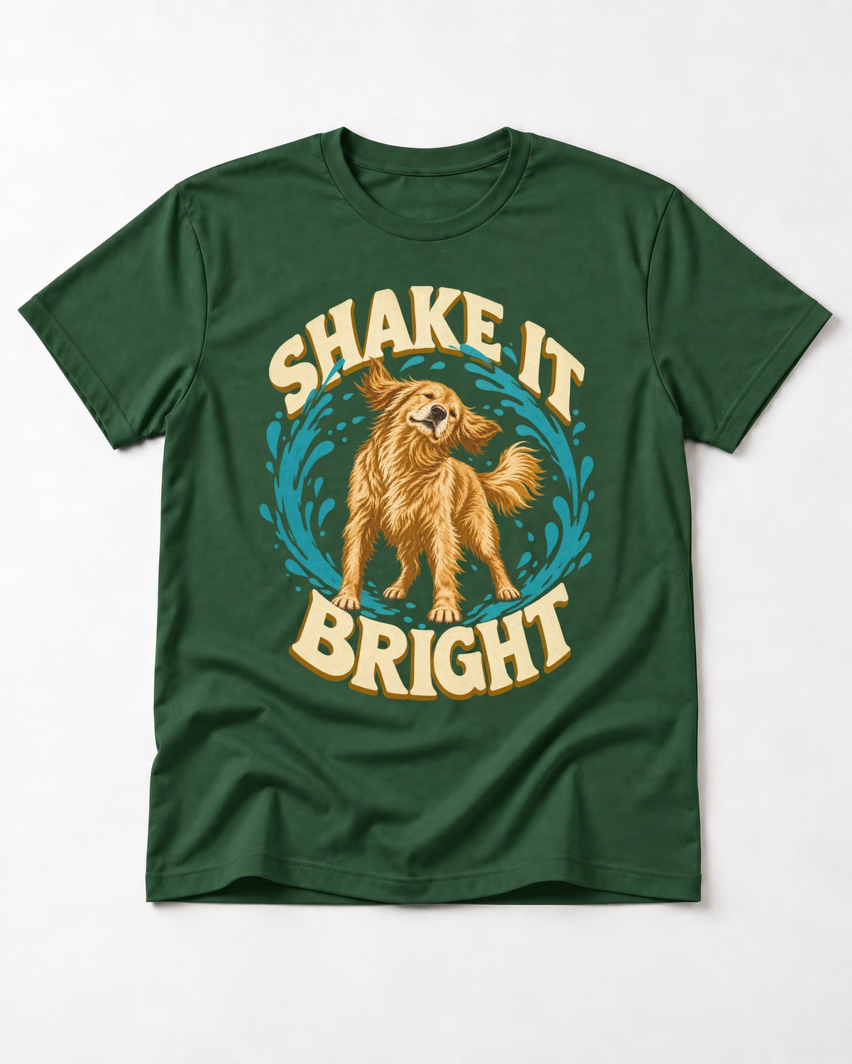 Golden Retriever Shake It Bright Water Ring Graphic T-Shirt in Forest Green, flat lay product photo