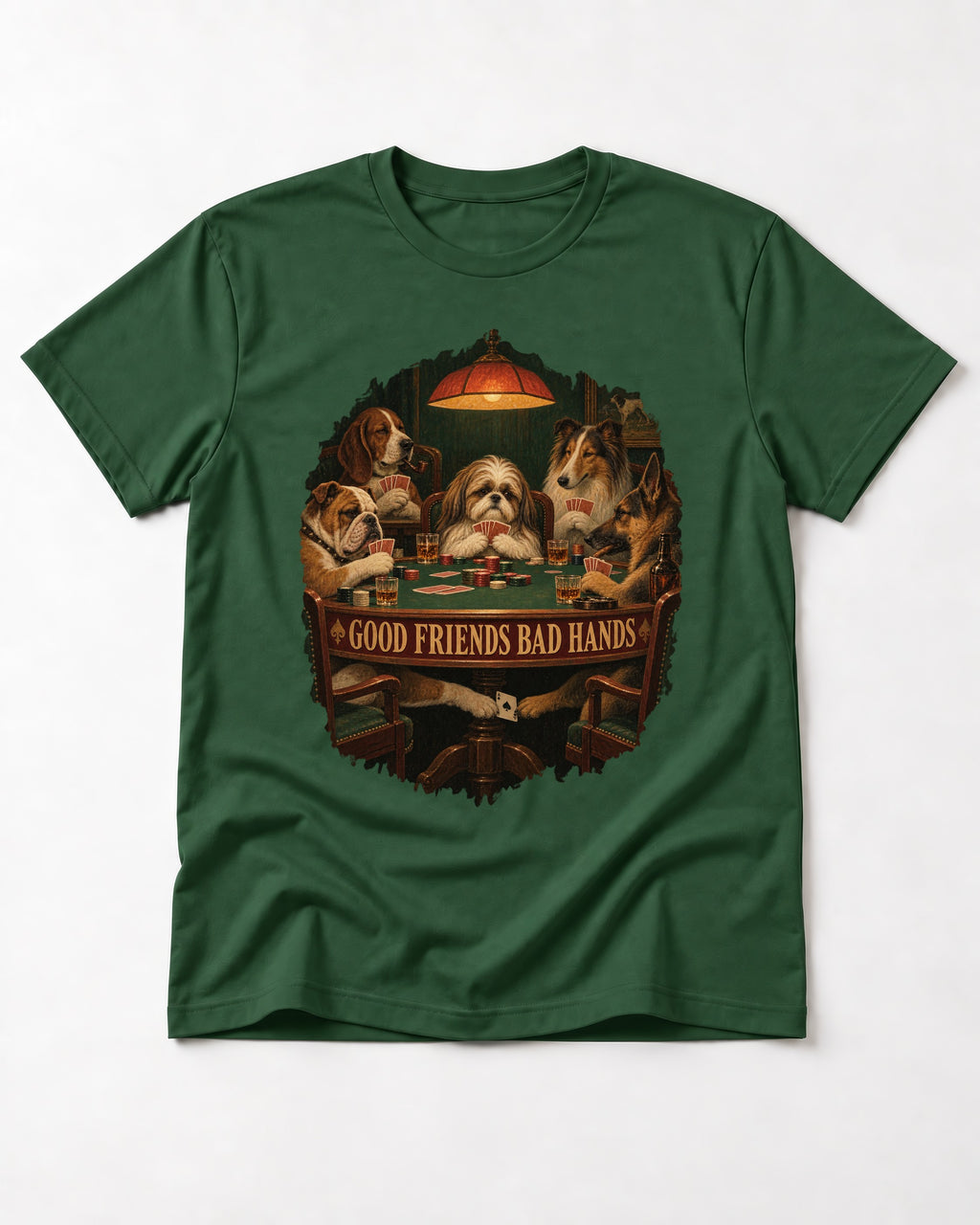 Shih Tzu Good Friends Bad Hands Poker Night Graphic T-Shirt in Forest Green, flat lay product photo