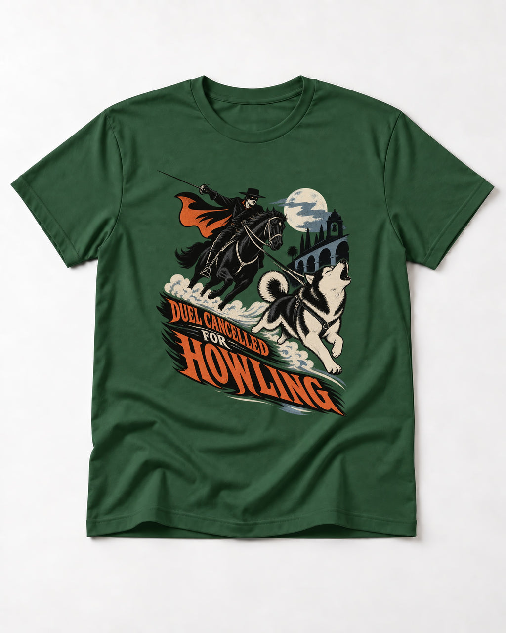 Husky Duel Cancelled for Howling Masked Rider Graphic T-Shirt in Forest Green, flat lay product photo