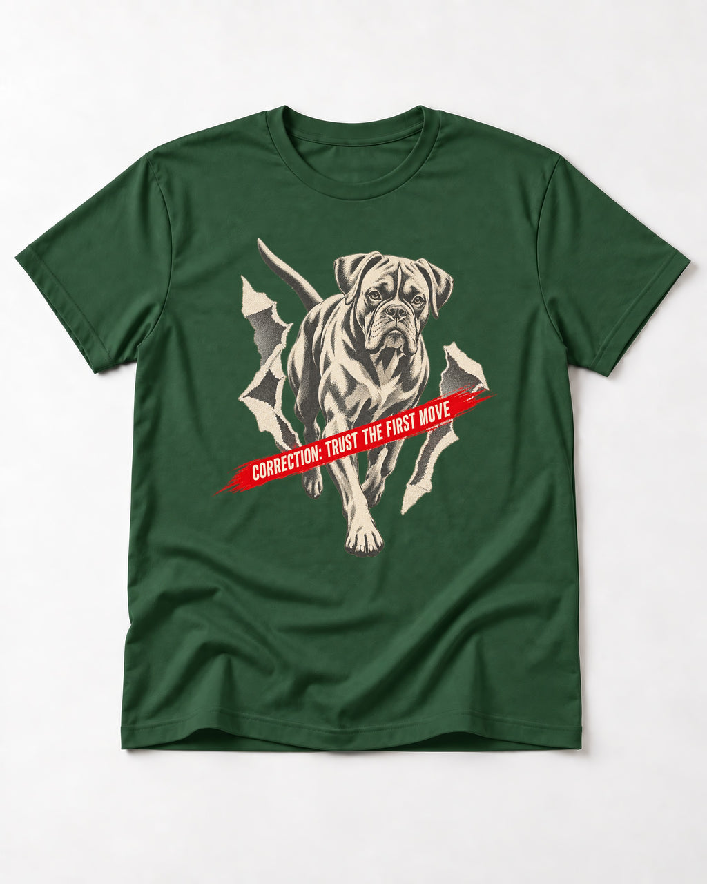 Mastiff Mismatch Boxer Needs Review T-Shirt in Forest Green, flat lay product photo