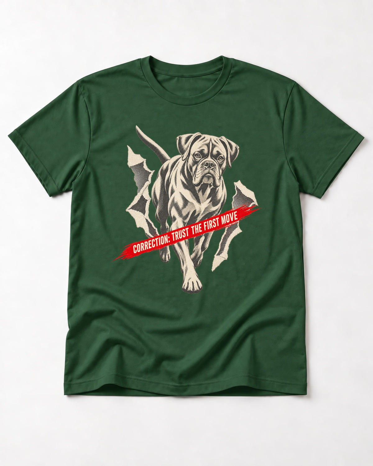 Mastiff Mismatch Boxer Needs Review T-Shirt in Forest Green, flat lay product photo