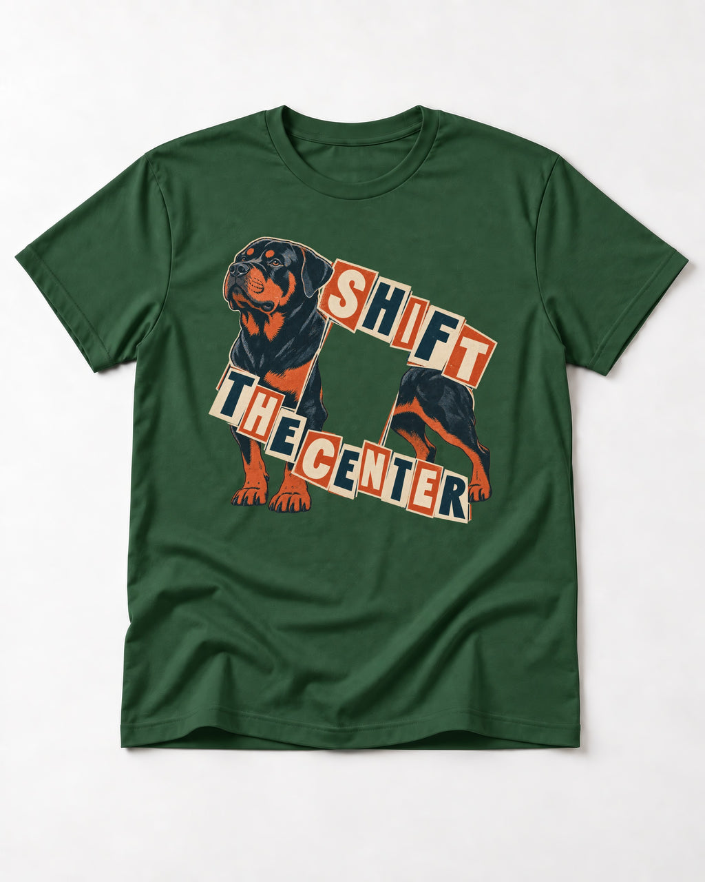 Rottweiler Shift the Center Cutout Letter Graphic T-Shirt in Forest Green, flat lay product photo