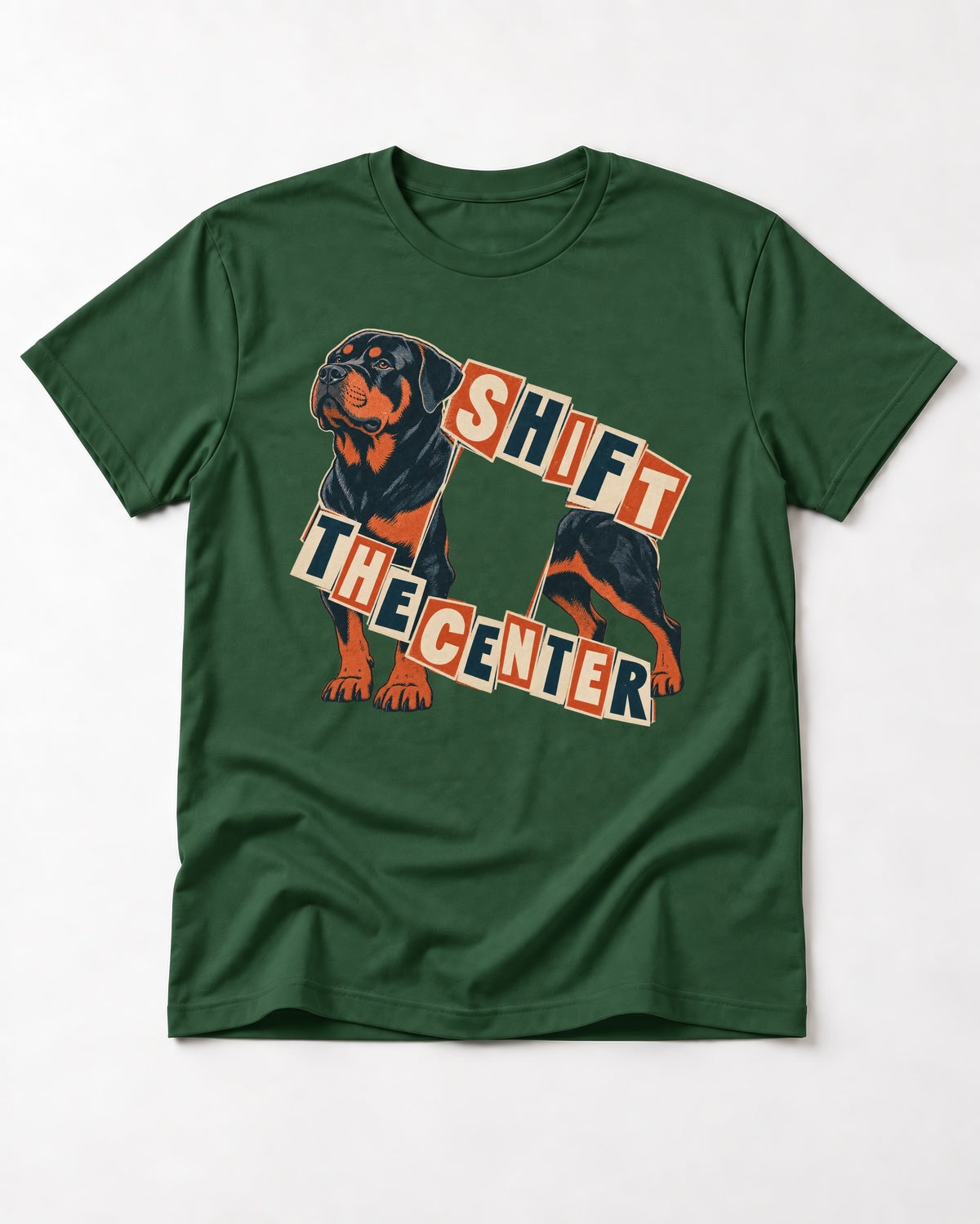 Rottweiler Shift the Center Cutout Letter Graphic T-Shirt in Forest Green, flat lay product photo