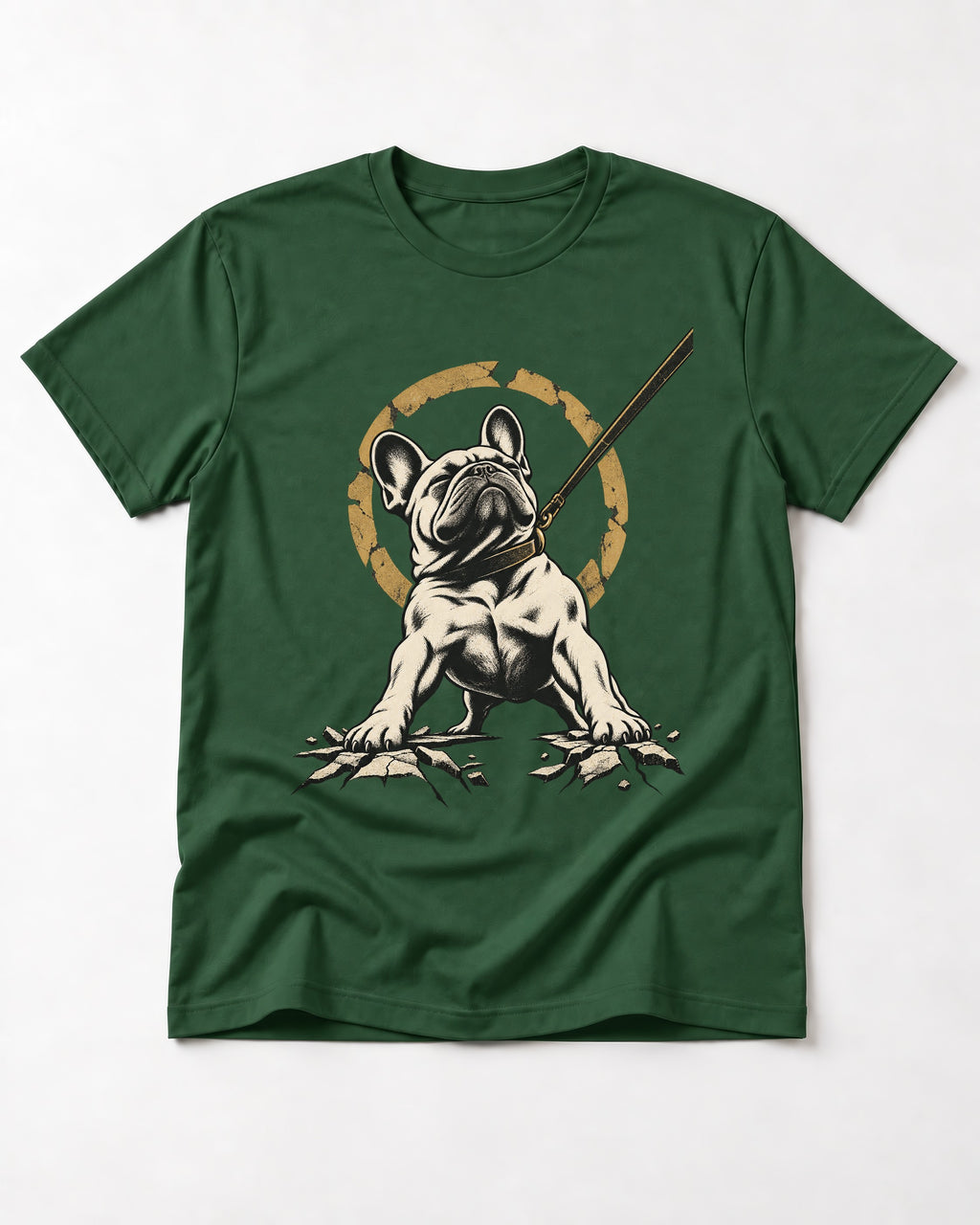 Frenchie Stubborn Leash Monument Graphic T-Shirt in Forest Green, flat lay product photo