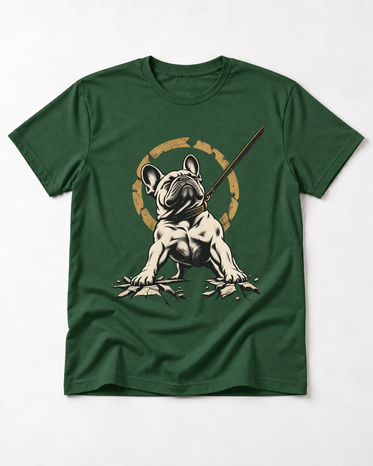 Frenchie Stubborn Leash Monument Graphic T-Shirt in Forest Green, flat lay product photo