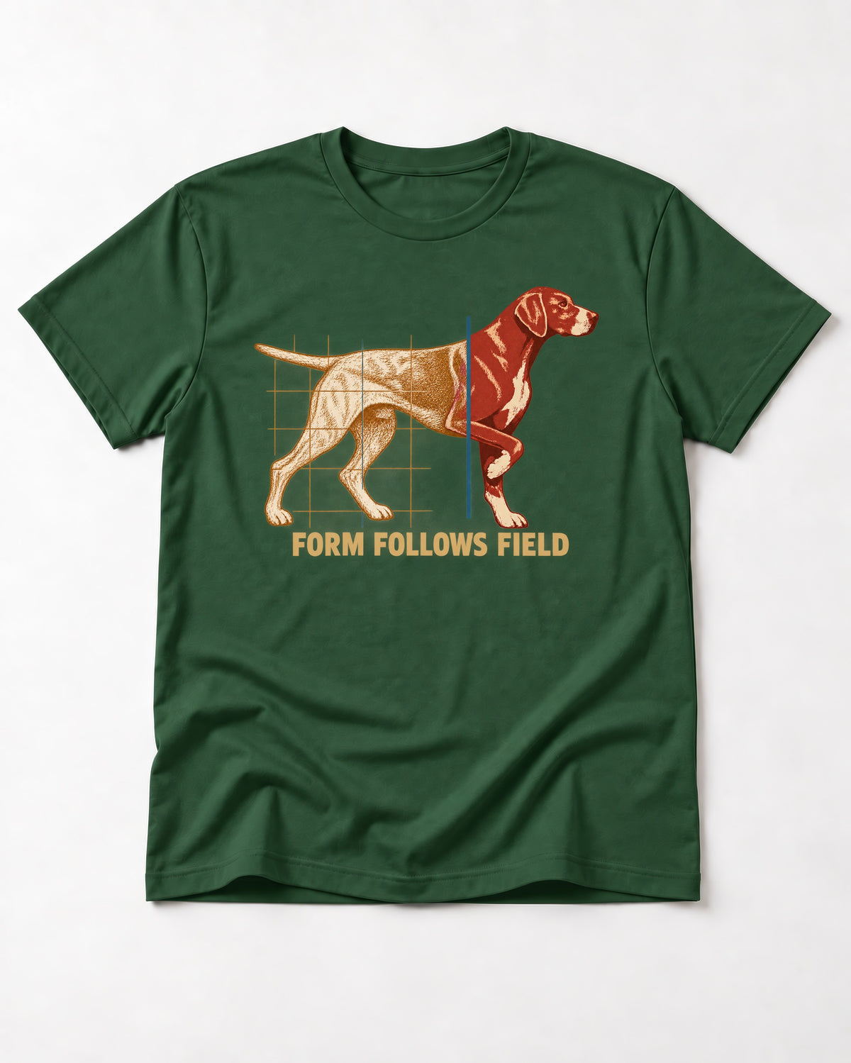 German Shorthaired Pointer Form Follows Field Grid Graphic T-Shirt in Forest Green, flat lay product photo