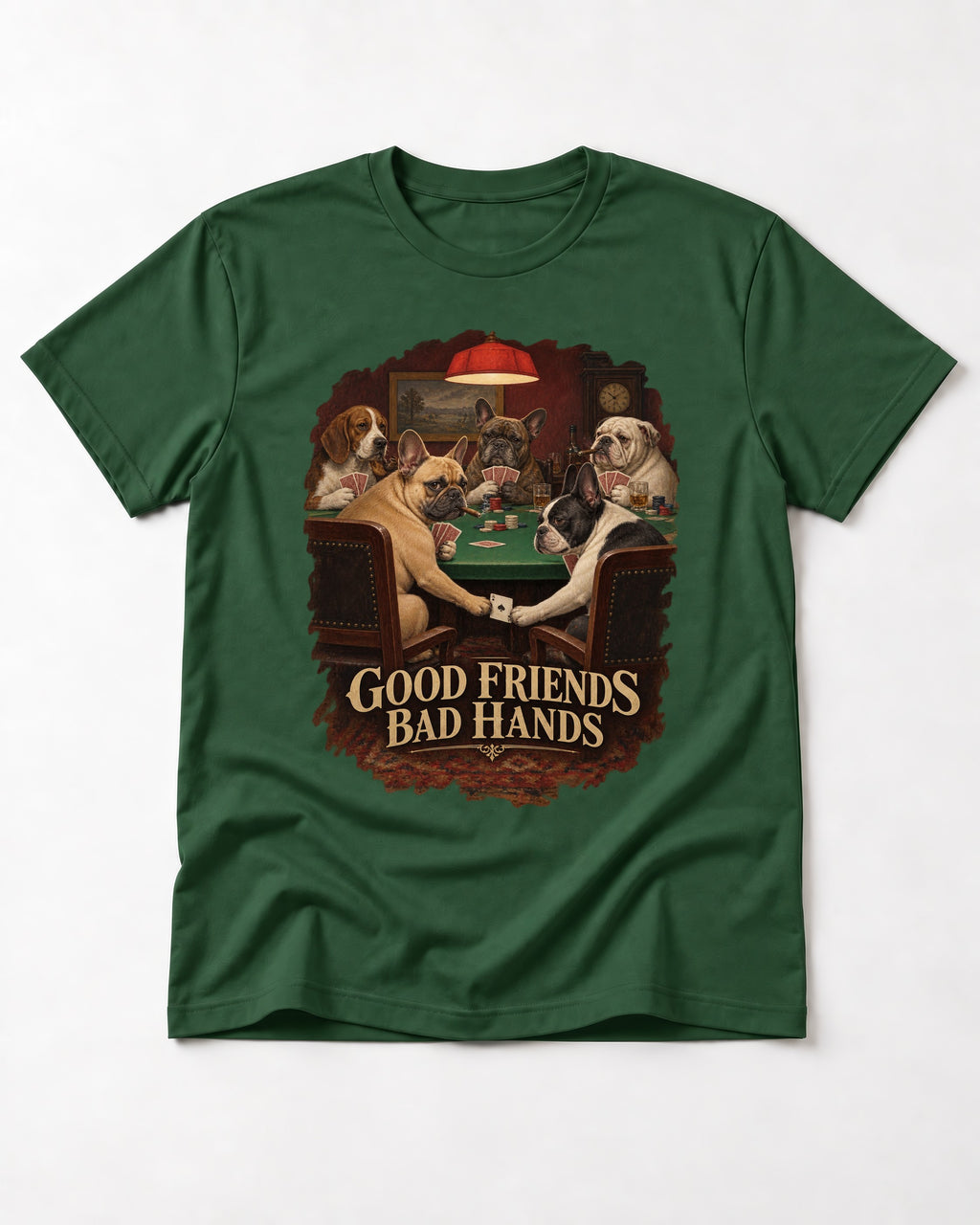 Frenchie Good Friends Bad Hands Poker Graphic T-Shirt in Forest Green, flat lay product photo