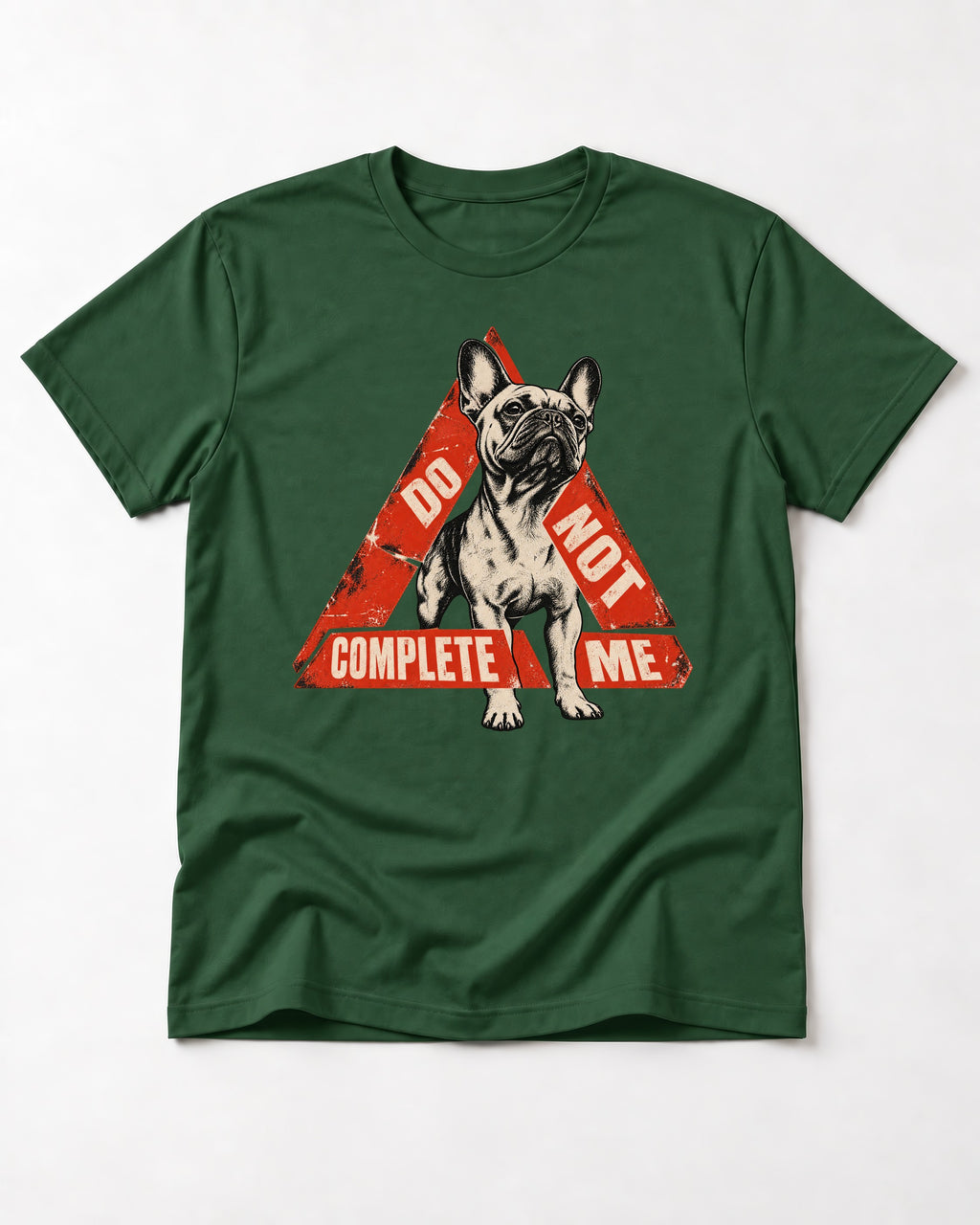 Frenchie Do Not Complete Me Warning Triangle Graphic T-Shirt in Forest Green, flat lay product photo