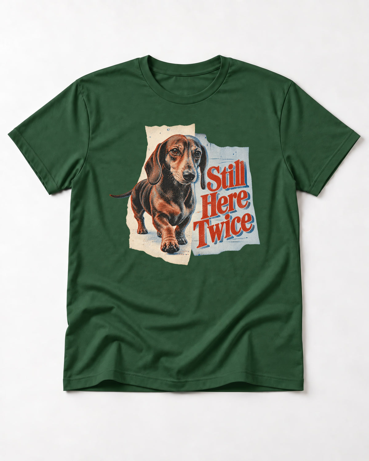 Dachshund Still Here Twice Torn Paper Graphic T-Shirt in Forest Green, flat lay product photo