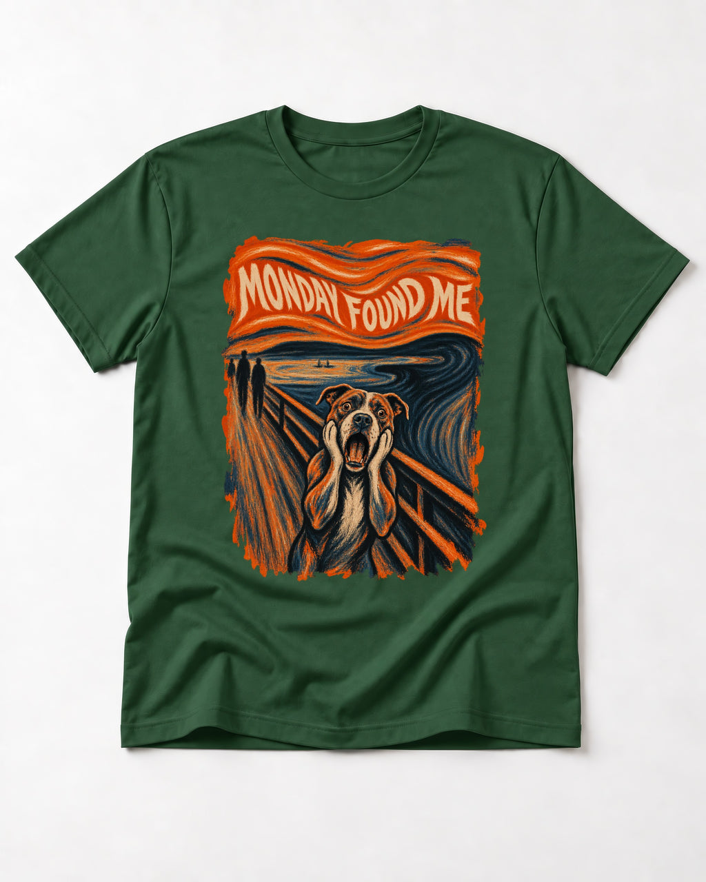 Pitbull Monday Found Me Expressionist Scream Graphic T-Shirt in Forest Green, flat lay product photo