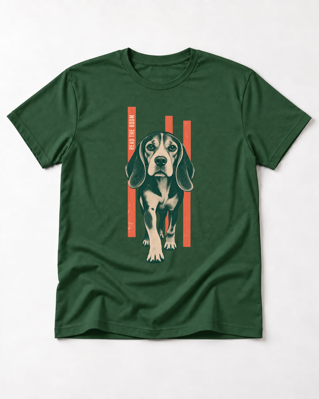 Beagle Before The Move Walking Portrait T-Shirt in Forest Green, flat lay product photo
