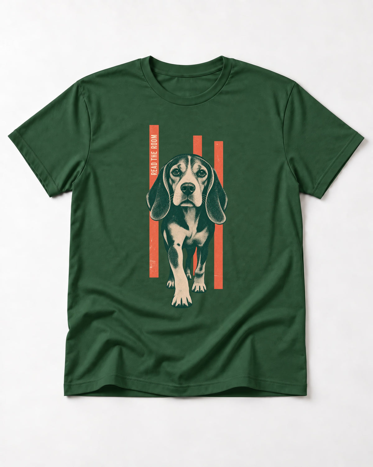 Beagle Before The Move Walking Portrait T-Shirt in Forest Green, flat lay product photo