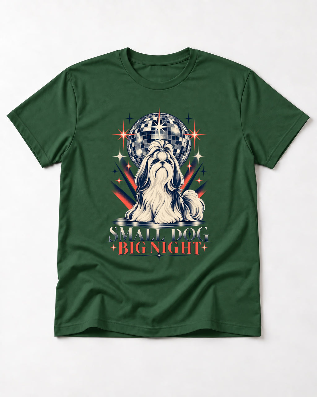 Shih Tzu Small Dog Big Night Disco Graphic T-Shirt in Forest Green, flat lay product photo