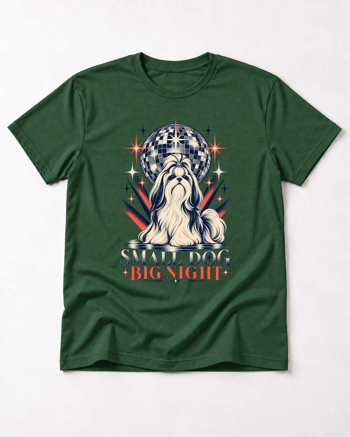 Shih Tzu Small Dog Big Night Disco Graphic T-Shirt in Forest Green, flat lay product photo