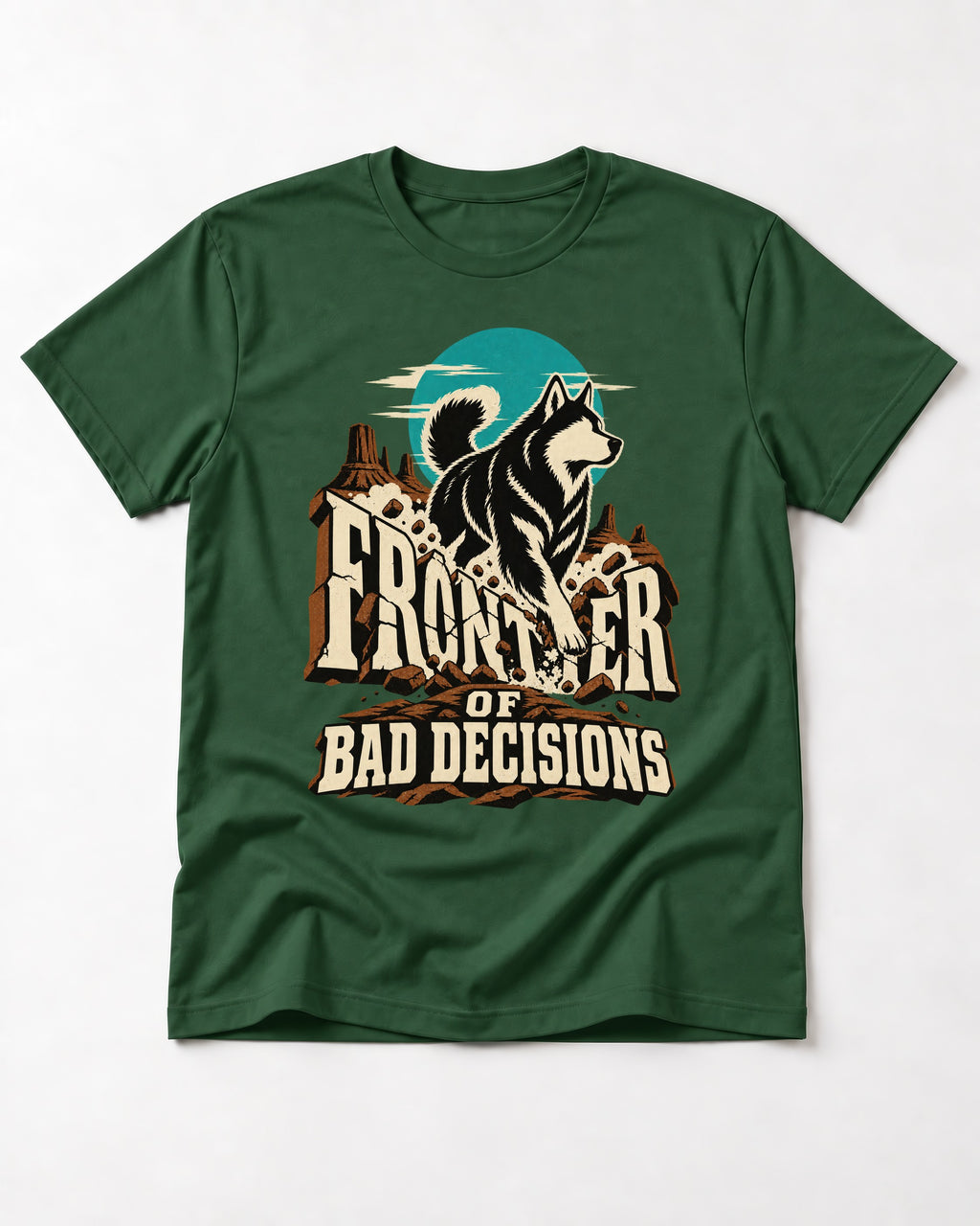 Husky Frontier of Bad Decisions Desert Graphic T-Shirt in Forest Green, flat lay product photo