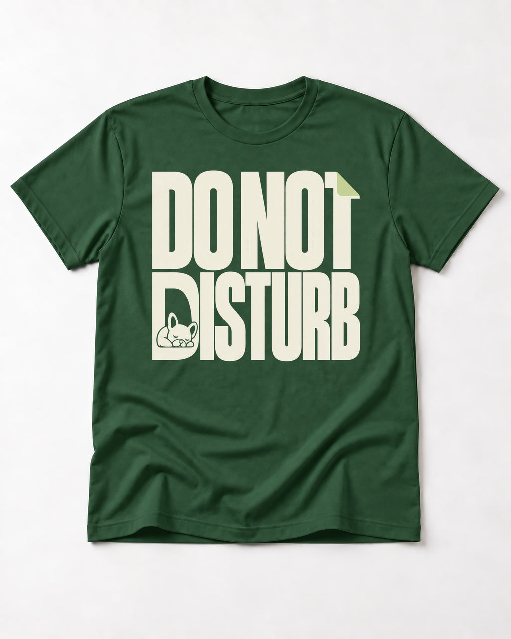 Frenchie Do Not Disturb Hidden Sleeping Graphic T-Shirt in Forest Green, flat lay product photo