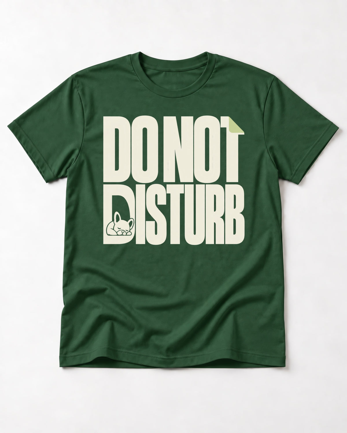 Frenchie Do Not Disturb Hidden Sleeping Graphic T-Shirt in Forest Green, flat lay product photo