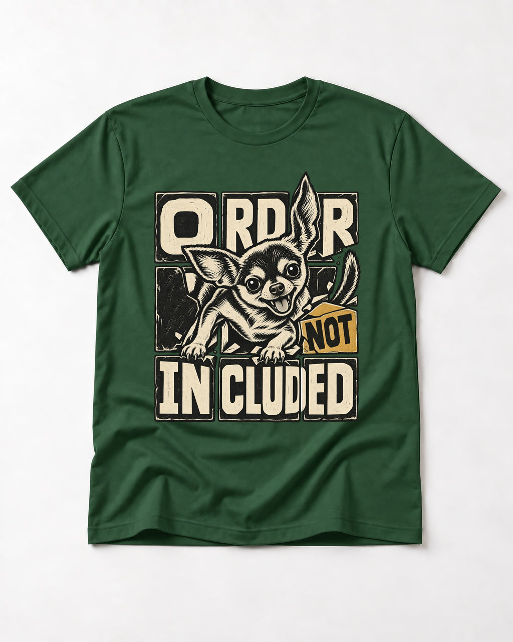 Chihuahua Order Not Included Broken Grid Graphic T-Shirt in Forest Green, flat lay product photo