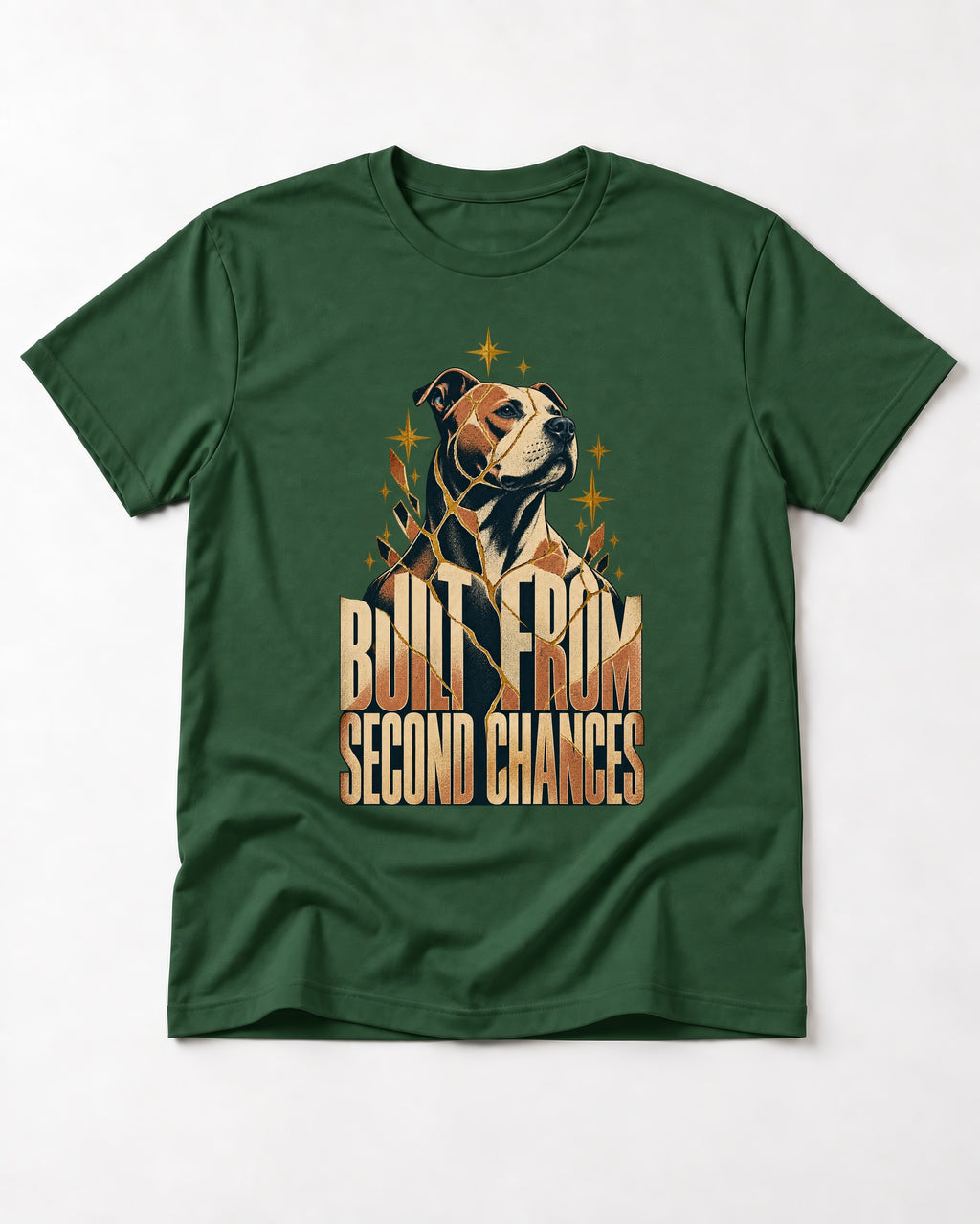 Pitbull Built from Second Chances Kintsugi Graphic T-Shirt in Forest Green, flat lay product photo