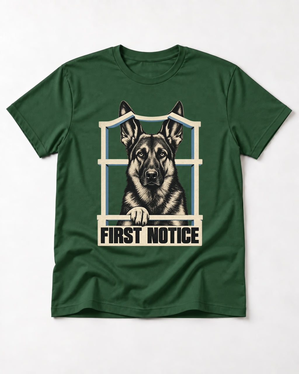 First Notice Window German Shepherd Dog Graphic T-Shirt in Forest Green, flat lay product photo