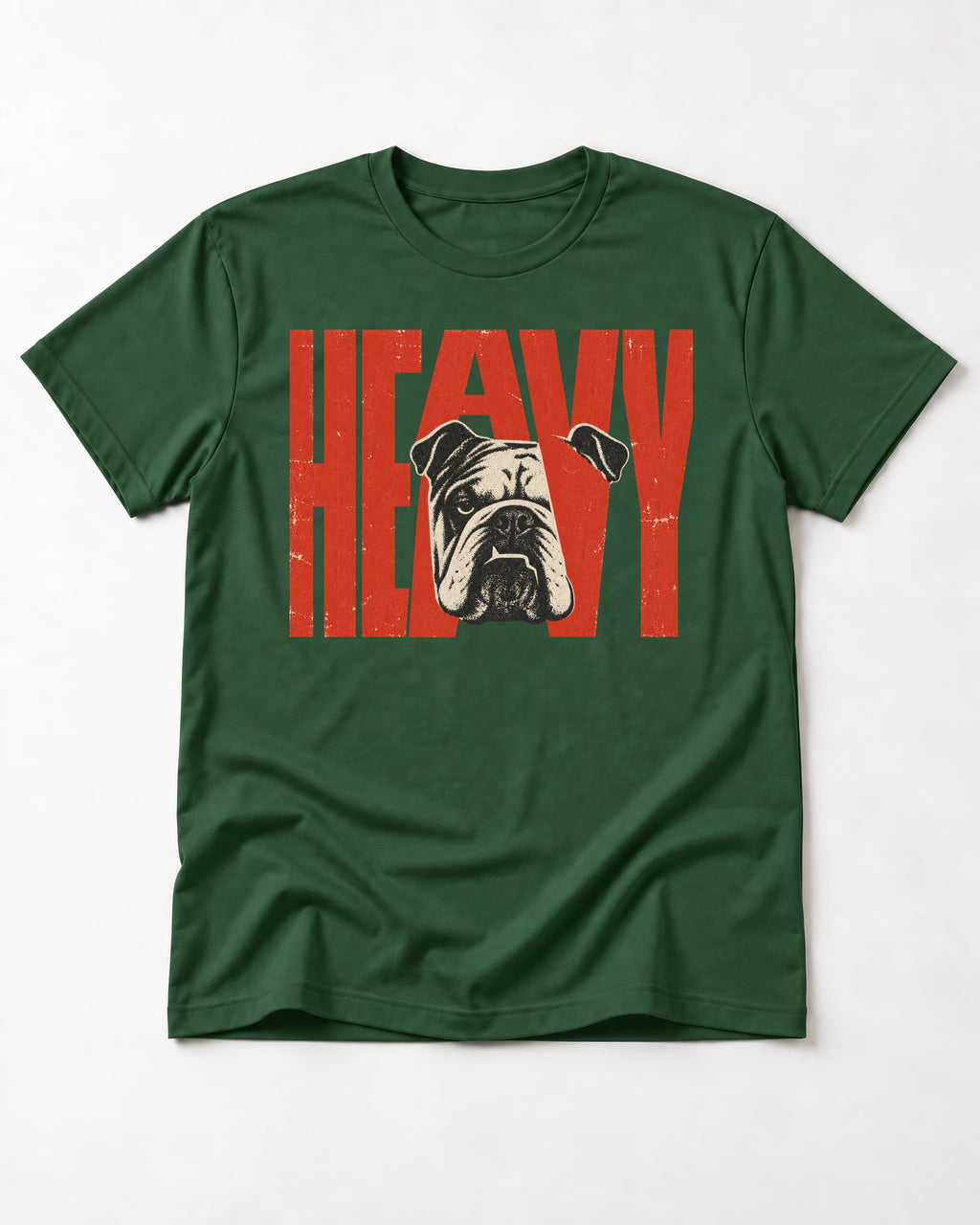 English Bulldog Heavy Stacked Portrait Graphic T-Shirt in Forest Green, flat lay product photo