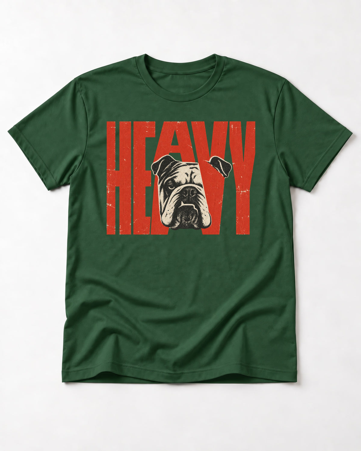 English Bulldog Heavy Stacked Portrait Graphic T-Shirt in Forest Green, flat lay product photo