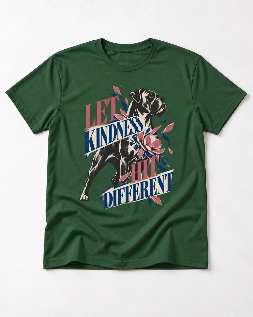 Let Kindness Hit Different Boxer Floral Collage T-Shirt in Forest Green, flat lay product photo