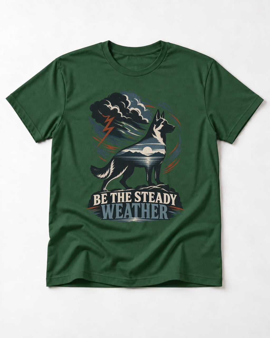 Be the Steady Weather Storm German Shepherd Dog Graphic T-Shirt in Forest Green, flat lay product photo
