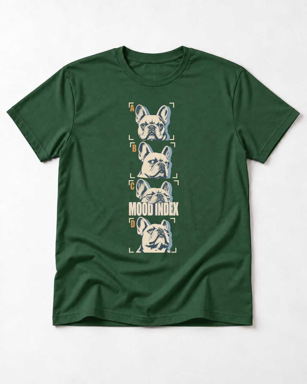 Frenchie Mood Index Four-Panel Strip Graphic T-Shirt in Forest Green, flat lay product photo