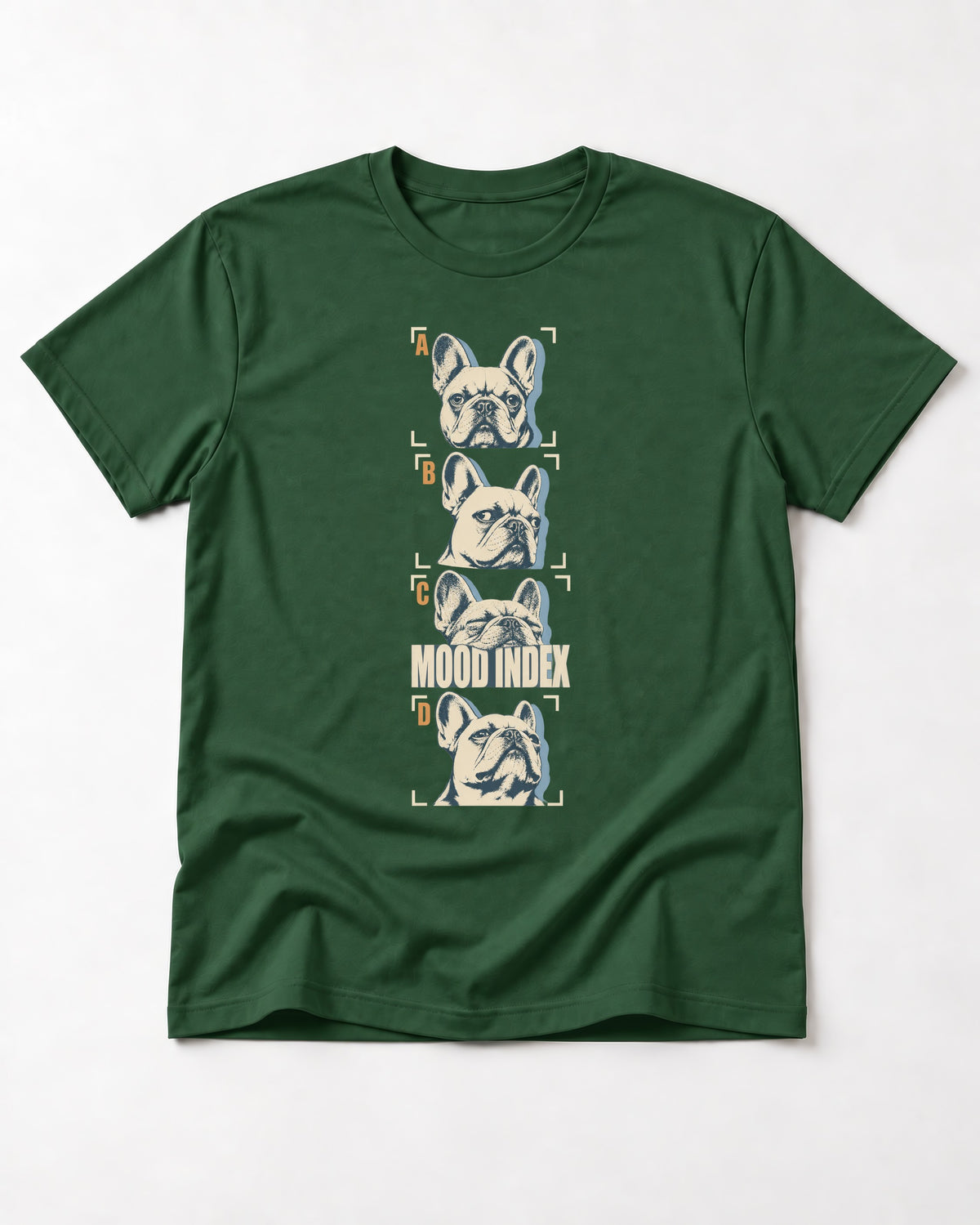 Frenchie Mood Index Four-Panel Strip Graphic T-Shirt in Forest Green, flat lay product photo