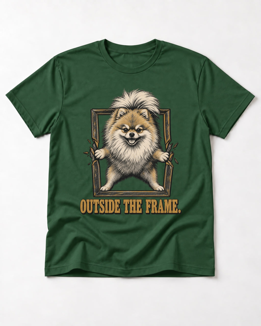 Pomeranian Outside the Frame Breakthrough Graphic T-Shirt in Forest Green, flat lay product photo